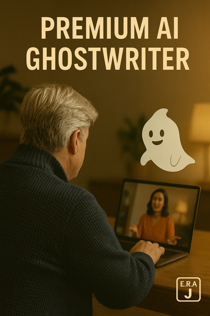 J A Epperson ghostwriting at a warm office desk with ERA-J ghost mascot and thought leader on laptop screen – Premium AI Ghostwriter service